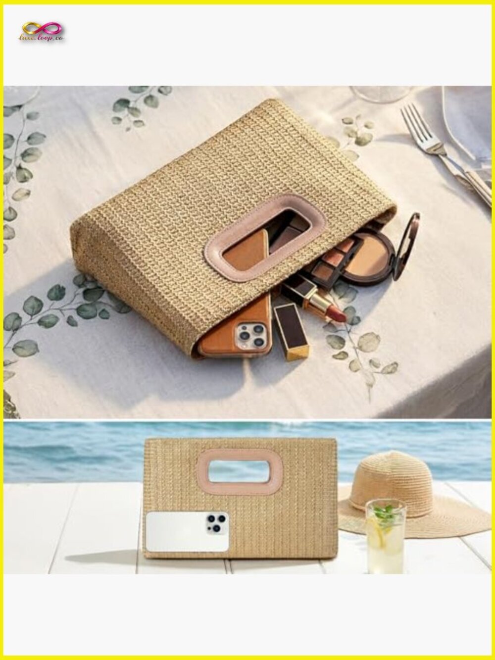 Woven Straw Clutch Purse with Gold Chain Evening Shoulder Crossbody Bag - Picture 4 of 6